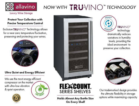 Allavino 15" Wide FlexCount II Tru-Vino 30 Bottle Dual Zone Stainless Steel Left Hinge Wine Refrigerator VSWR30-2SL20