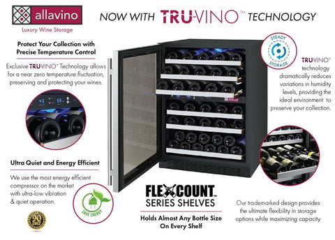 Allavino 24" Wide FlexCount II Tru Vino 56 Bottle Dual Zone Stainless Steel Left Hinge Wine Refrigerator VSWR56-2SL20